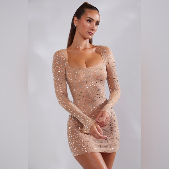 OH POLLY ZETA Sheer Embellished Long Sleeve A-Line Mini Dress in Nude Size 2 - Picture 6 of 12